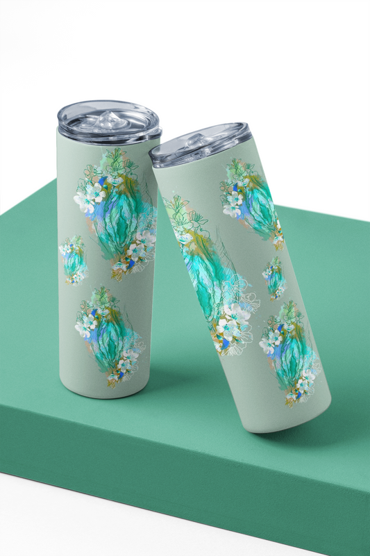Tumbler isotherme avec fleur et vuvle couleur cyan