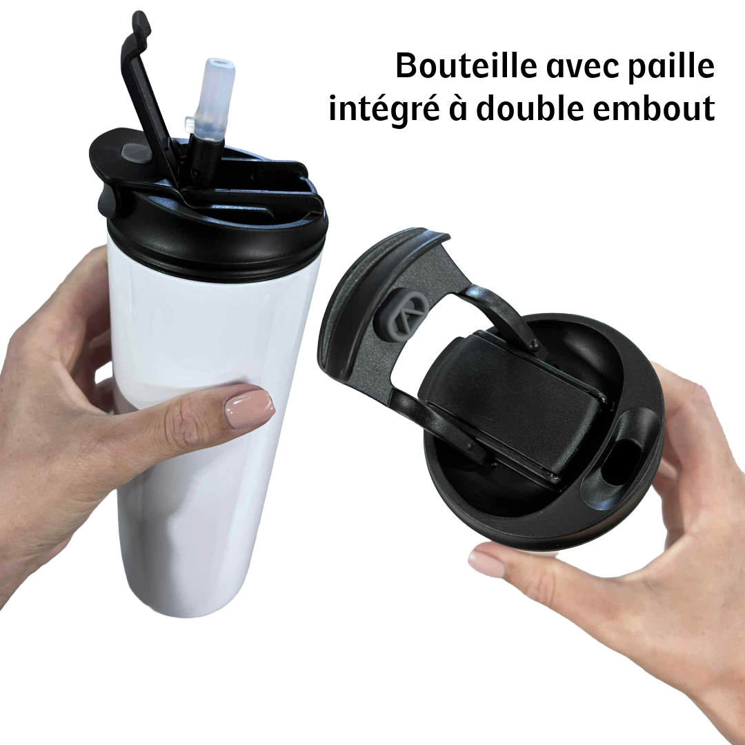 Bouteille a double embout avec paille intégré
